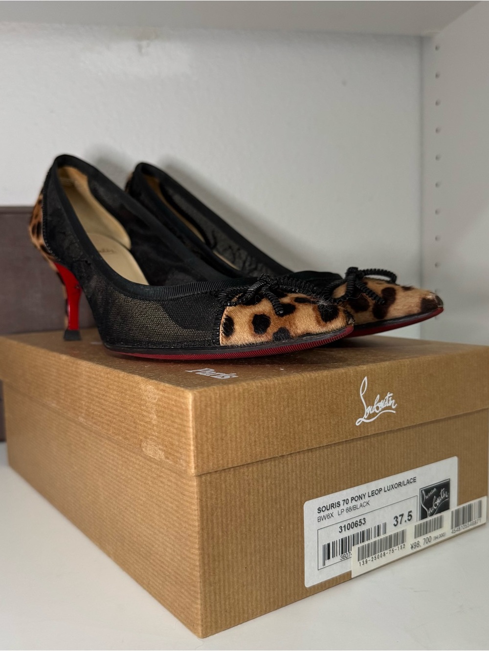 Christian Louboutin Black Mesh & Leopard Pony Hair Kitten Heels